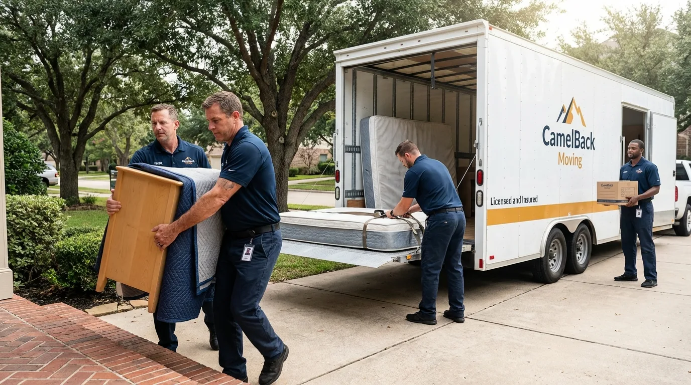 Crew loading residential truck for cross-state move from Owensville, IN