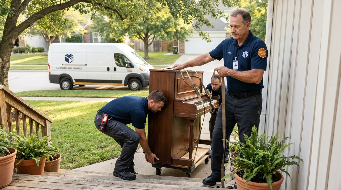 Licensed piano movers securing grand piano in Owensville, IN