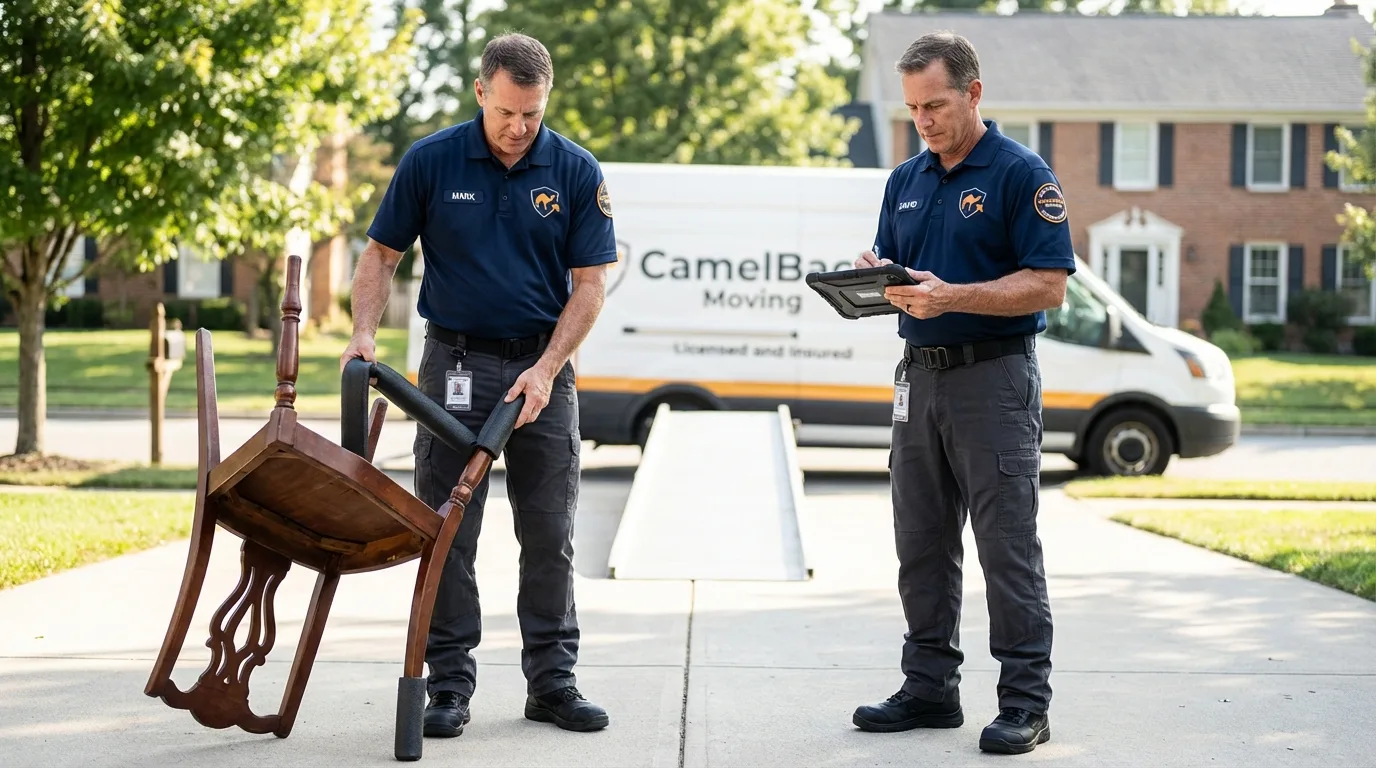 Movers inspecting furniture for damage prevention before loading in Owensville, IN