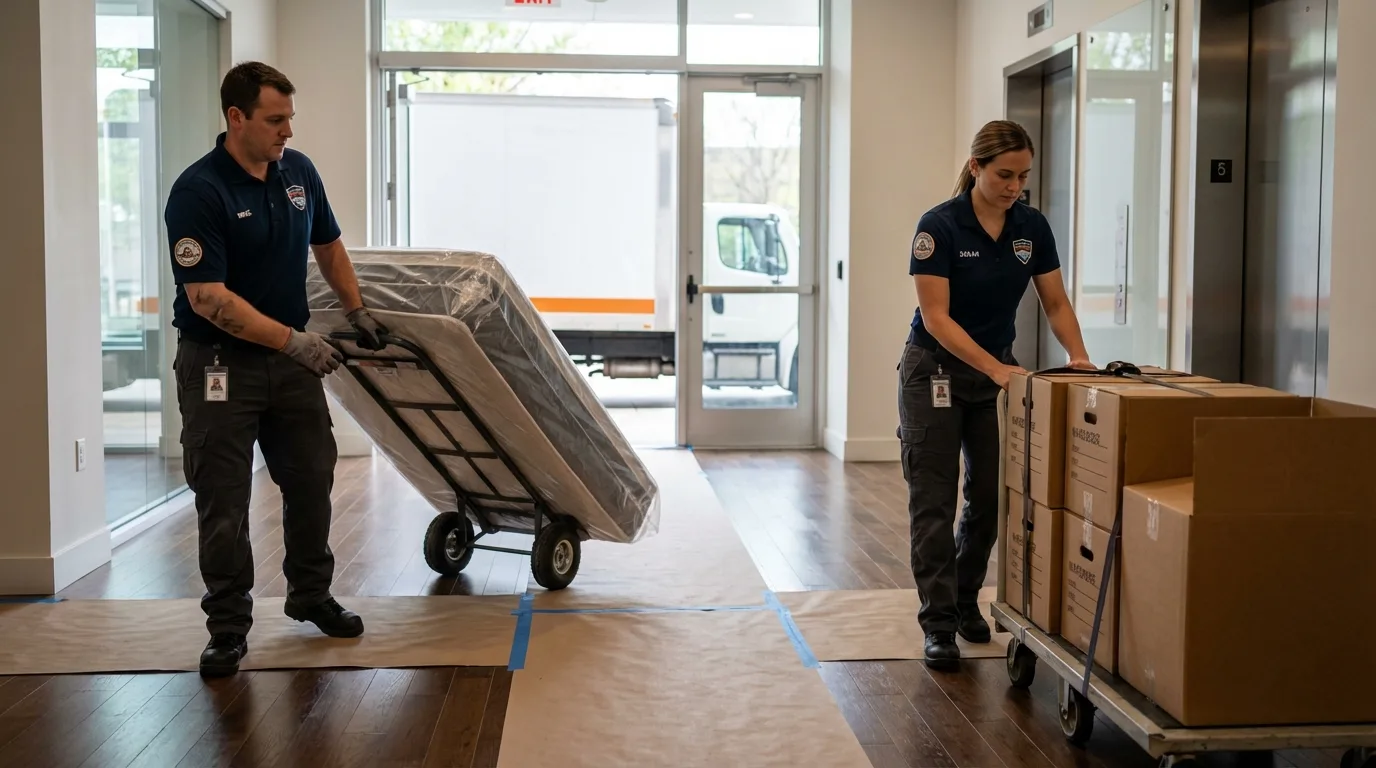 Professional apartment movers loading elevator in Owensville, IN