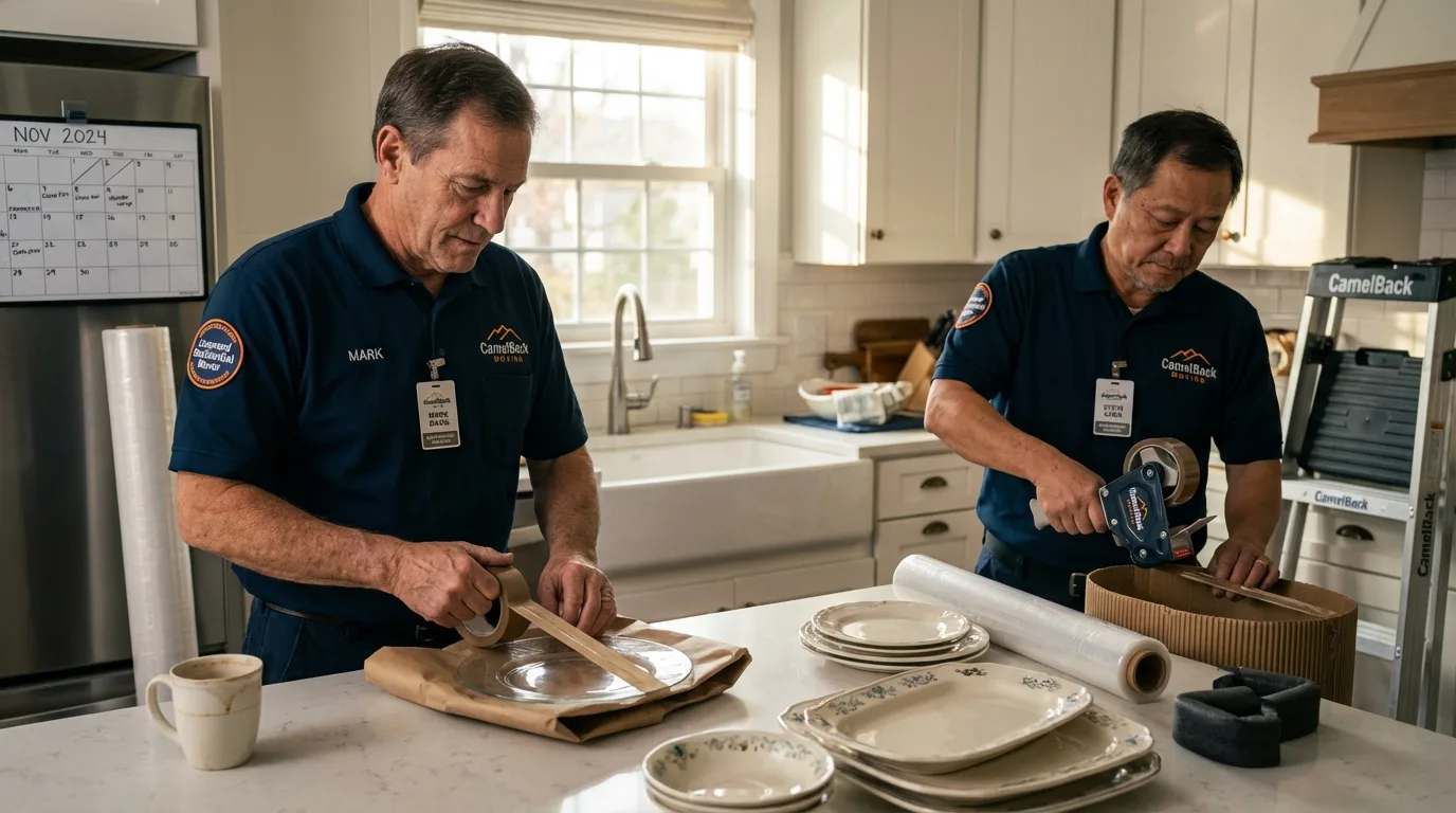 Professional crew packing kitchen dishware in Owensville, IN